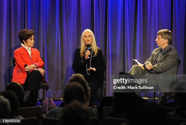 Actors Mary Ann Mobley and Celeste Yarnall onstage with executive director of the GRAMMY Museum Robert Santelli during Elvis At The Movies at The...