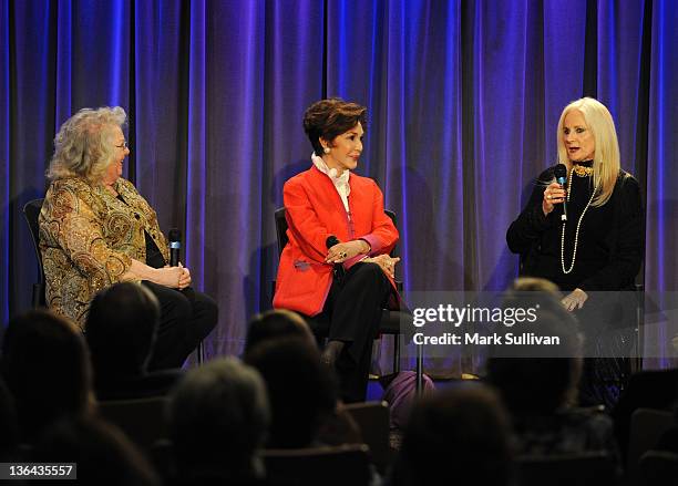 Actors Jan Shepard, Mary Ann Mobley and Celeste Yarnall onstage during Elvis At The Movies at The GRAMMY Museum on January 4, 2012 in Los Angeles,...