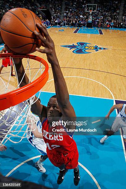 Elton Brand of the Philadelphia 76ers dunks the ball during an NBA game between the Philadelphia 76ers and the New Orleans Hornets on January 4, 2012...