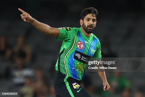 Haris Rauf of the Stars celebrates after dismissing Shaun Marsh of the Renegades during the Men's Big Bash League match between the Melbourne...