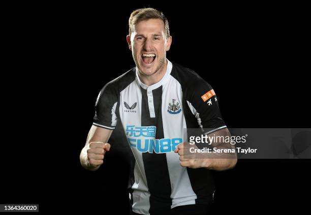 Chris Wood poses for photographs at the Newcastle United Training Centre on January 13, 2022 in Newcastle upon Tyne, England.