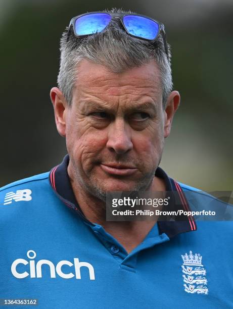 Ashley Giles of England looks on during an England Ashes squad nets session before Friday's Fifth Test match against Australia at Blundstone Arena on...
