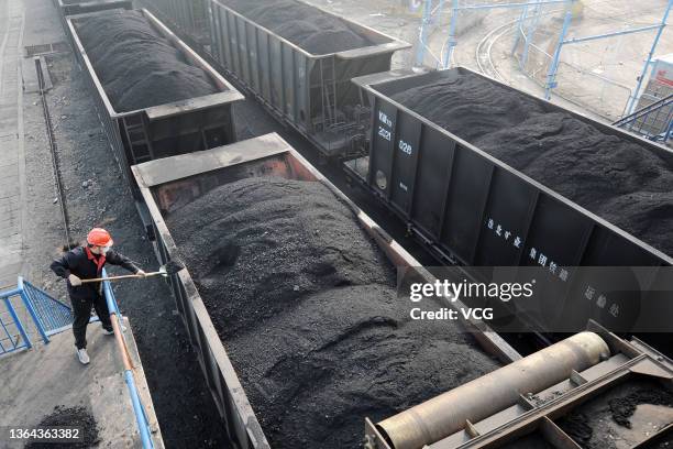 Worker shovels coal onto a freight train at a coal mine of Huaibei Coal Mine Inc. On January 12, 2022 in Huaibei, Anhui Province of China.