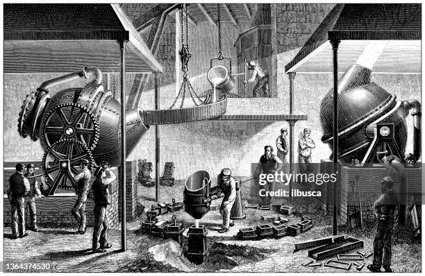 antique illustration of 19th century industry, technology and craftsmanship: metallurgy steelmaking furnace - blast furnace stock illustrations