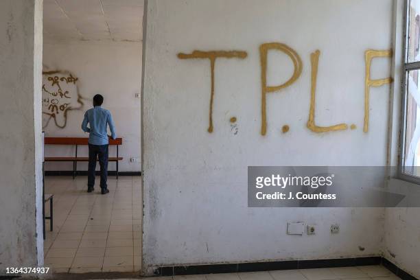 Graffiti is scrawled on the walls at the Mersa Metro Hospital in North Wollo on January 12, 2022 in Mersa, Ethiopia. Mersa is one of dozens of towns...