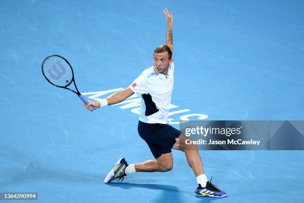 Daniel Evans of Great Britain hits a backhand in his match against Maxime Cressey of the USA during day five of the Sydney Tennis Classic at the...