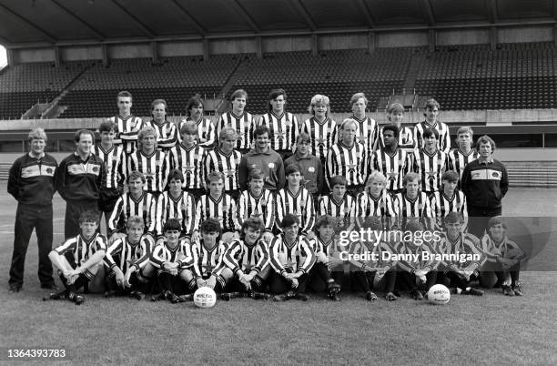 The Newcastle United squad consisting of first team, reserves and juniors line up ahead of the 1985/86 season at St James' Park in July 1985 in...