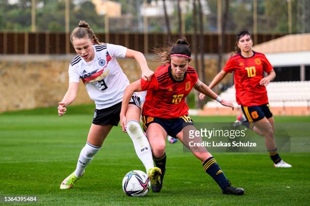 Laura Gloning of Germany challenges for the ball with Naara Miranda San Migugel of Spain during Women's international friendly match between U17...