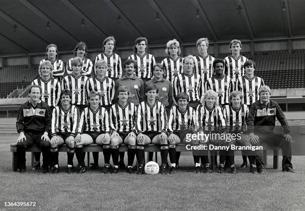 The Newcastle United First Team squad line up ahead of the 1985/86 season at St James' Park in July 1985 in Newcastle upon Tyne, England, members of...