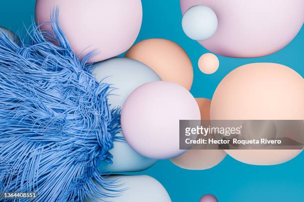 computer generated image of spheres with pastel tone and a sphere of blue hairs, 3d concept molecules - pastel hair stock-fotos und bilder