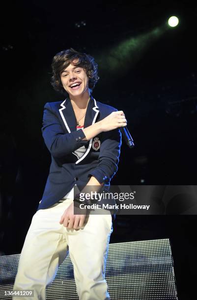 Harry Styles of One Direction performs on stage at BIC on January 3, 2012 in Bournemouth, United Kingdom.