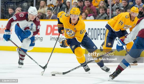 Mikael Granlund of the Nashville Predators skates against the Colorado Avalanche during an NHL game at Bridgestone Arena on January 11, 2022 in...