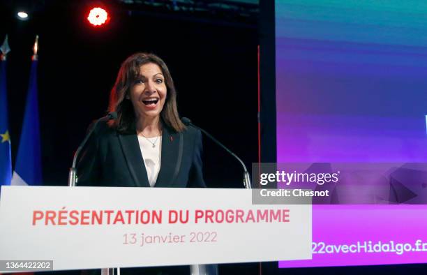 Mayor of Paris and Socialist Party party candidate for the 2022 French presidential election Anne Hidalgo delivers a speech during a press conference...