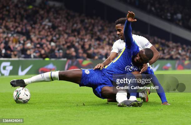 Antonio Rudiger of Chelsea battles for possession with Ryan Sessegnon of Tottenham Hotspur during the Carabao Cup Semi Final Second Leg match between...