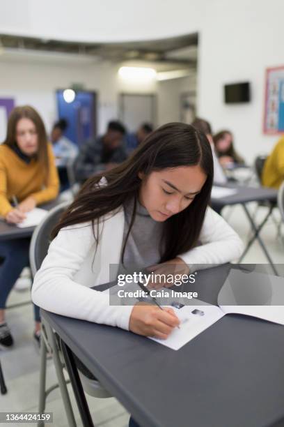 high school girl taking exam at desk in classroom - daily life in philippines stock pictures, royalty-free photos & images