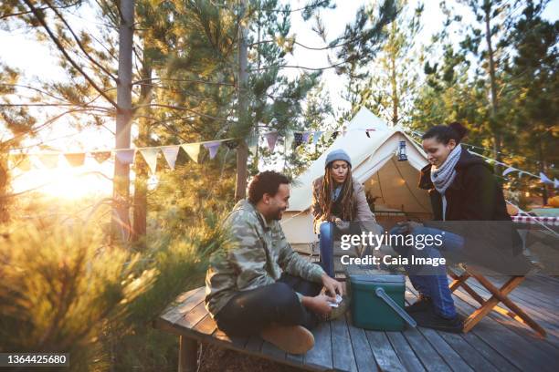 friends playing cards outside yurt at sunny campsite in woods - yurt stock pictures, royalty-free photos & images