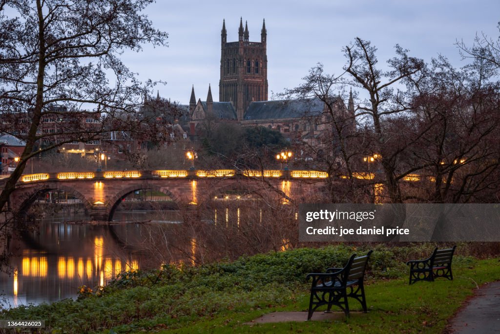Park Benches, Worcester Bridge, Worcester Cathedral, Worcester, Worcestershire, England
