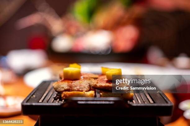 close-up of teppanyaki foie gras - foie gras stock pictures, royalty-free photos & images