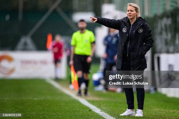 Head Coach Friederike Kromp of Germany gestures on the side line during Women's international friendly match between U17 Spain and U17 Germany at...