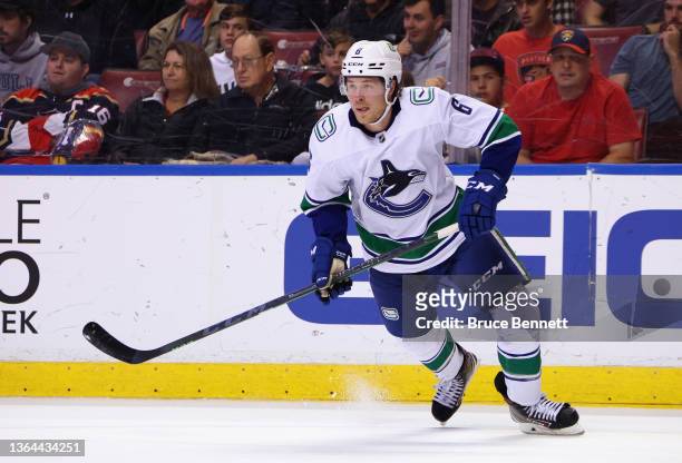 Brock Boeser of the Vancouver Canucks skates against the Florida Panthers at the FLALive Arena on January 11, 2022 in Sunrise, Florida.