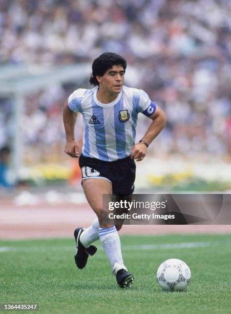 Diego Maradona of Argentina in action during the the Group A match between Argentina and South Korea at the 1986 FIFA World Cup on 2nd June 1986 at...