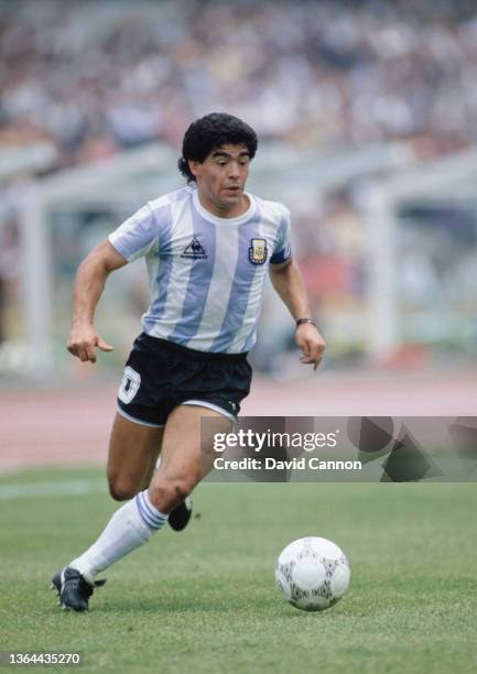 Diego Maradona of Argentina in action during the the Group A match between Argentina and South Korea at the 1986 FIFA World Cup on 2nd June 1986 at...