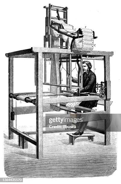 ilustrações, clipart, desenhos animados e ícones de ilustração antiga da indústria, tecnologia e artesanato do século xix: indústria têxtil e da moda, máquina jacquard - jacquard loom