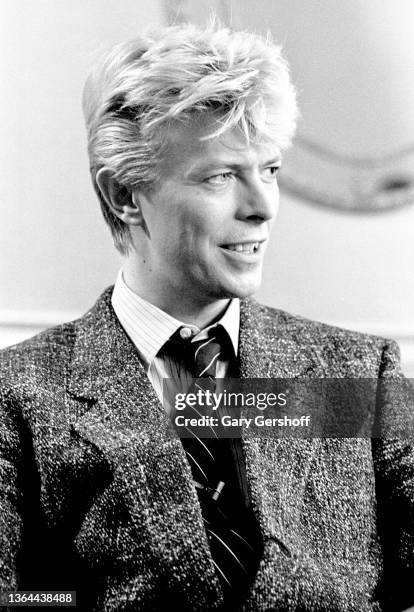 View of British Rock musician David Bowie during a press conference at the Carlyle Hotel, New York, New York, January 27, 1983. He was there to sign...