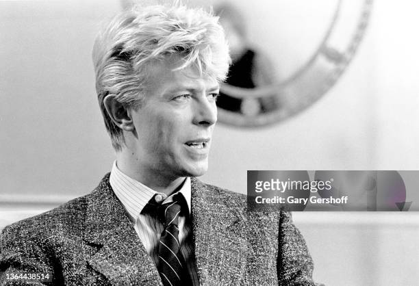 View of British Rock musician David Bowie during a press conference at the Carlyle Hotel, New York, New York, January 27, 1983. He was there to sign...