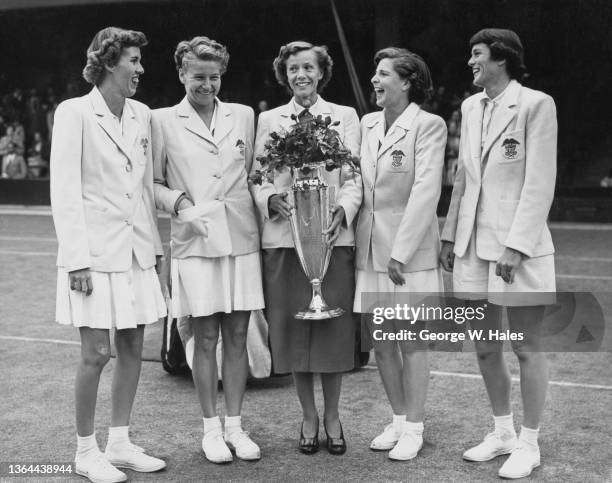 Doris Hart , Louise Brough , non playing captain Marjorie "Midge" Gladman , Margaret Osborne duPont and Patricia Todd , members of the United States...