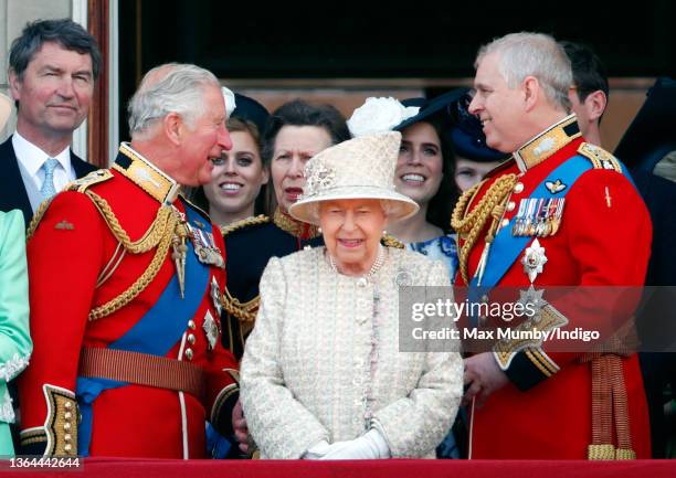 Prince Charles, Prince of Wales , Queen Elizabeth II and Prince Andrew, Duke of York watch a flypast from the balcony of Buckingham Palace during...