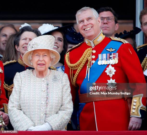 Queen Elizabeth II and Prince Andrew, Duke of York watch a flypast from the balcony of Buckingham Palace during Trooping The Colour, the Queen's...