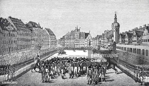 leipzig, 19. oktober 1813: marktplatz, einzug der drei alliierten monarchen - paradeplatz stock-grafiken, -clipart, -cartoons und -symbole