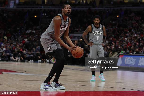 Kevin Durant of the Brooklyn Nets shoots a free throw during a game against the Chicago Bulls at United Center on January 12, 2022 in Chicago,...