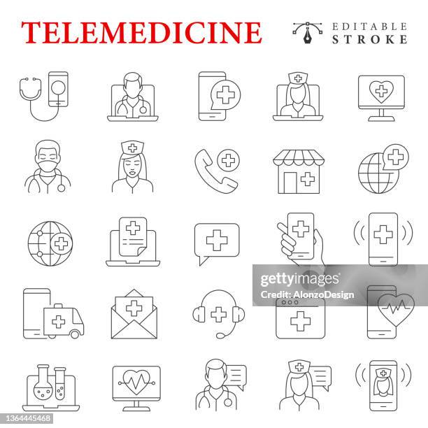 telemedizin line icon set. bearbeitbarer strich. - telemedizin stock-grafiken, -clipart, -cartoons und -symbole