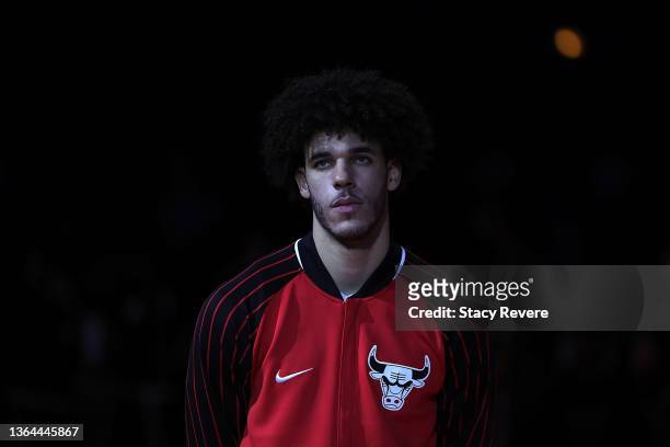 Lonzo Ball of the Chicago Bulls stands for the National Anthem prior to a game against the Brooklyn Nets at United Center on January 12, 2022 in...