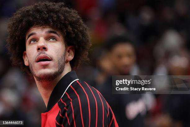 Lonzo Ball of the Chicago Bulls participates in warmups prior to a game against the Brooklyn Nets at United Center on January 12, 2022 in Chicago,...