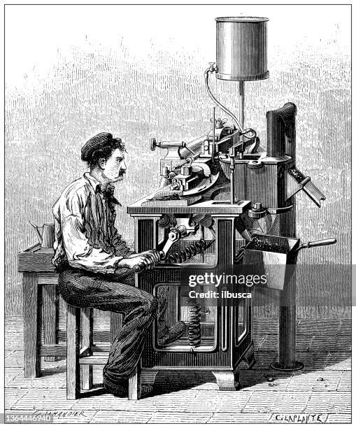 antique illustration of 19th century industry, technology and craftsmanship: printing press typography - printing block stock illustrations