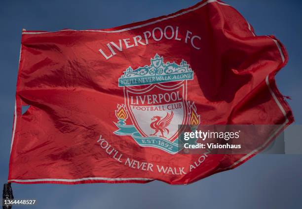The official Liverpool club badge on a flag outside the groung ahead of the Emirates FA Cup Third Round match between Liverpool and Shrewsbury Town...