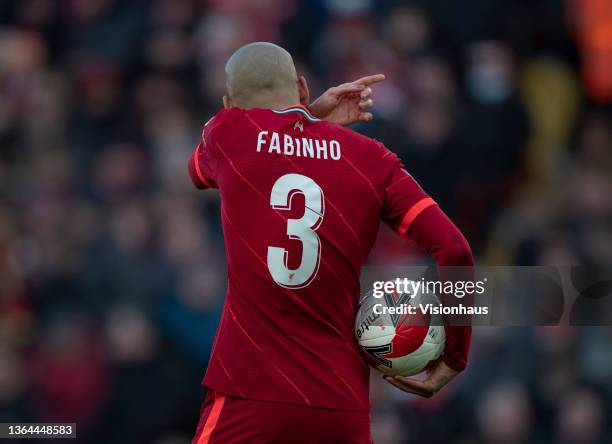 Fabinho of Liverpool waiting to take a penalty during the Emirates FA Cup Third Round match between Liverpool and Shrewsbury Town at Anfield on...