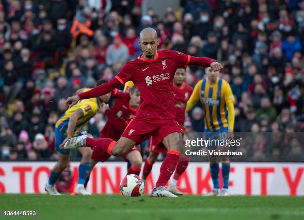 Fabinho of Liverpool takes and scores a penalty during the Emirates FA Cup Third Round match between Liverpool and Shrewsbury Town at Anfield on...