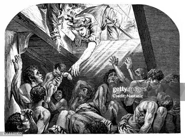 in the room of the slave ship - sailing ship stock illustrations