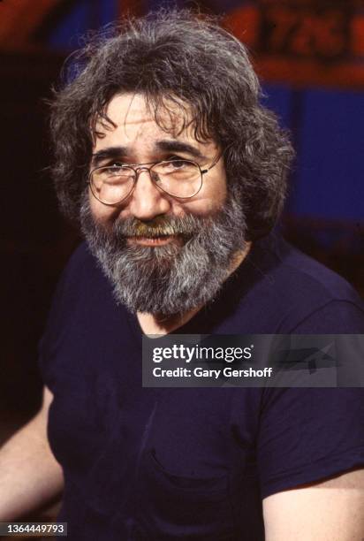 View of musician Jerry Garcia during an interview on MTV at Teletronic Studios, New York, New York, June 2, 1983.