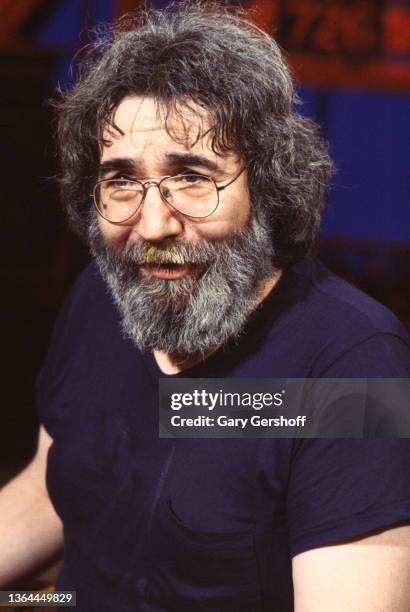 View of musician Jerry Garcia during an interview on MTV at Teletronic Studios, New York, New York, June 2, 1983.