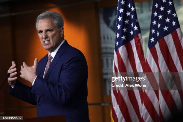 House Minority Leader Rep. Kevin McCarthy speaks during a weekly news conference at the U.S. Capitol on January 13, 2022 in Washington, DC. Leader...