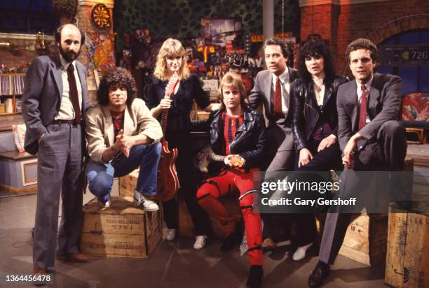 View, from left, MTV Executive Julian Goldberg, VJ Mark Goodman, Rock musicians Nancy Wilson & Howard Leese, MTV Executive Les Garland, musician Ann...