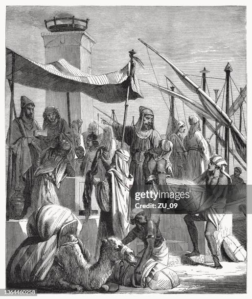 merchants from tyre (phenicia) with their goods, woodcut, published 1862 - phoenicia ancient civilization stock illustrations