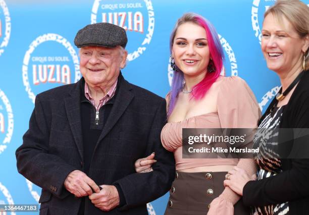 Sir David Jason, Sophie Mae Jason and Gill Hinchcliffe attend Cirque du Soleil's "LUZIA" premiere at Royal Albert Hall on January 13, 2022 in London,...