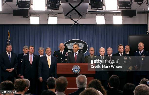 President Barack Obama speaks while flanked by Secretary of Defense Leon Panetta ,Chairman of the Joint Chiefs of Staff Gen. Martin Dempsey , Chief...