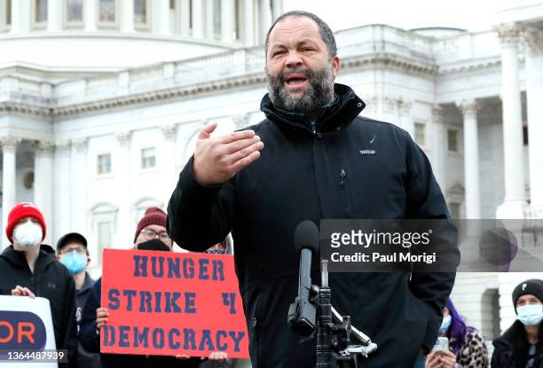 Ben Jealous of People For the American Way joins hunger strikers and activists at a press conference in front of the U.S. Capitol Building to demand...